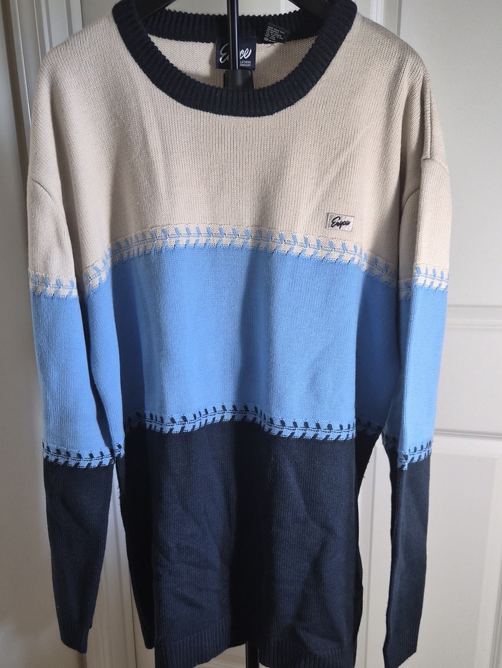 Enyce Colorblock Crewneck Sweater — Cream, Light Blue & Navy